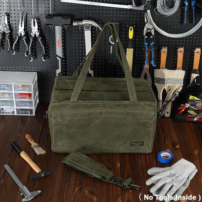 Tool Tote Bag, 16OZ Waxed Canvas Tool Bag with 7-Pocket & Shoulder Strap - for Electrician Contractor Repairman, Multi-Purpose Garden Tools Carrier with Portable Handle, Army Green