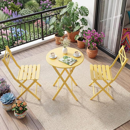 GarveeTech 3-Piece Folding Bistro Set, Heavy Duty Outdoor Patio Furniture with 2 Chairs & 1 Table, Weather-Resistant Steel Frame, No Assembly Required for Garden, Yard, Balcony,Yellow