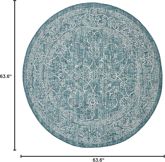 SAFAVIEH Washable Rug Outdoor Courtyard Collection - 5'3" Round, Turquoise, Non-Shedding & Easy Cleaning, Ideal for Patio, Backyard, Mudroom (CY8680-37221)