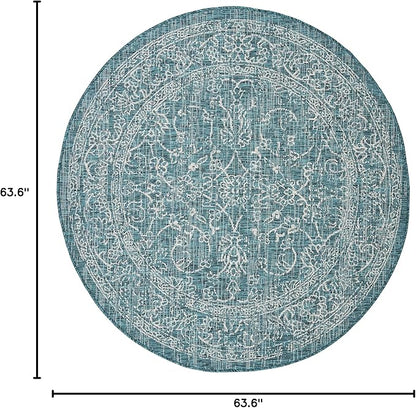 SAFAVIEH Washable Rug Outdoor Courtyard Collection - 5'3" Round, Turquoise, Non-Shedding & Easy Cleaning, Ideal for Patio, Backyard, Mudroom (CY8680-37221)