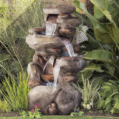 Alpine Corporation | 40" 4-Tier Rock Floor Fountain with Cascading Water & White LED Lights, Tranquil Outdoor Water Feature for Garden, Patio, Yard & Deck, Light Gray