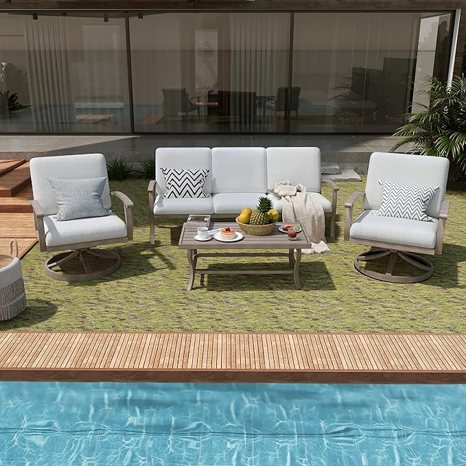 HAPPATIO 4 Piece Aluminum Patio Furniture Set, 5-Person Outdoor Swivel Chairs and 3-Seat Sofa, All-Weather Outdoor Sectional Sofa with Comfortable Cushions and Coffee Table(Gray)