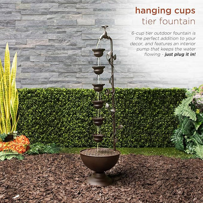 Alpine Corporation MAZ254 Outdoor Floor Tiered Vintage Water Fountain w/ 6 Hanging Cups, Soothing Tier Waterfall, 38", Bronze