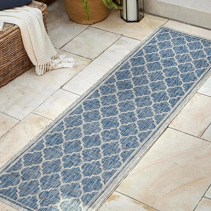JONATHAN Y Moroccan Trellis Indoor Outdoor Runner Rug 2X8 Navy/Gray, Trebol Textured Weave for Backyard, Patio, Porch, Easy-Cleaning, High Traffic, Pet-Friendly, Non-Shedding (SMB109D-28)