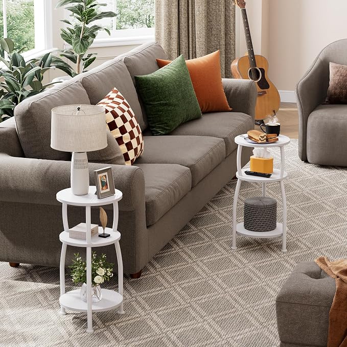 Small Round Side Table, 3-Tier End Table with Storage Shelf, Slim Sofa Table Coffee Table, Sturdy & Easy Assemble Nightstand for Small Spaces, Living Room Bedroom Corner, White