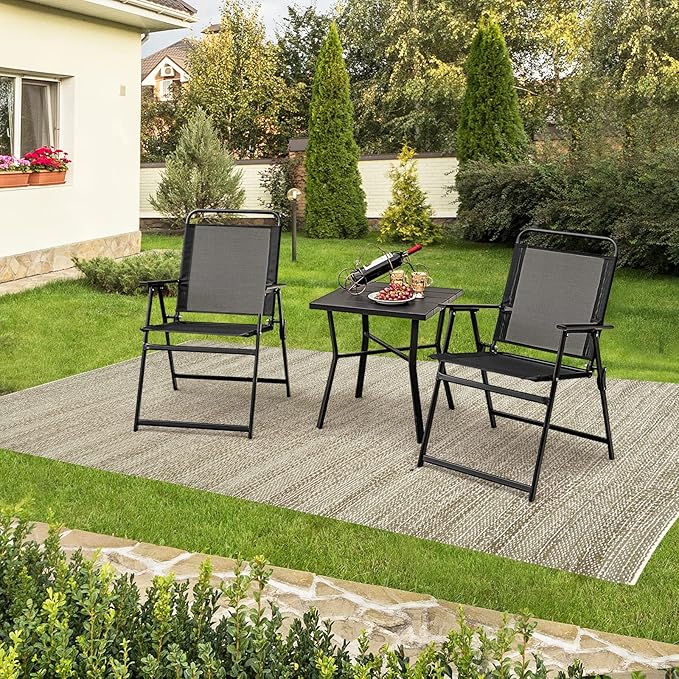 Tangkula Outdoor Folding Chairs Set of 6, Patio Dining Chairs with Breathable Seat & Cozy Armrests, Heavy-Duty Metal Frame, Portable Lawn Chairs for Backyard, Porch, Camping (6, Black)