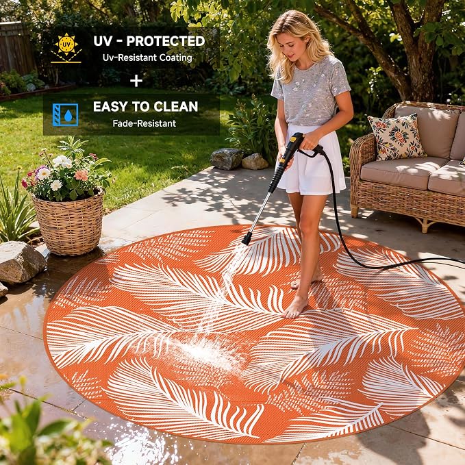 Pauwer Waterproof Outdoor Rug 8ft, Reversible Plastic Straw Patio Camping Rug, Indoor Outdoor RV Mat Carpet for Deck, Camper, Porch, Balcony, Backyard, Picnic, Leaf Orange