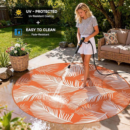 Pauwer Waterproof Outdoor Rug 8ft, Reversible Plastic Straw Patio Camping Rug, Indoor Outdoor RV Mat Carpet for Deck, Camper, Porch, Balcony, Backyard, Picnic, Leaf Orange
