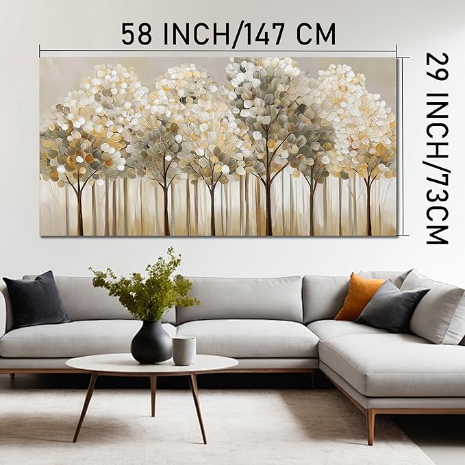 SSNEEKNDG Large Gold Forest Wall Art for Living Room Tree Picture Brown Wall Decor Modern Landscape Artwork for Bedroom Home Office Kitchen Canvas Prints Ready to Hang 29"x58"