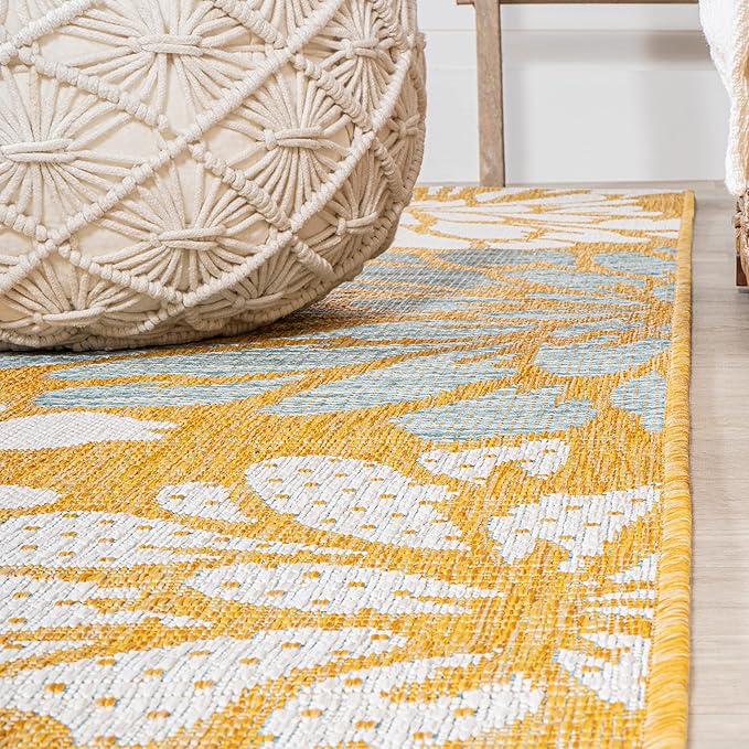 JONATHAN Y Floral Textured Weave Indoor Outdoor Round Area Rug 5 Ft Yellow/Cream, Zinnia Modern for Backyard, Patio, Porch, Easy-Cleaning, High Traffic, Pet-Friendly, Non-Shedding (SMB110G-5R)