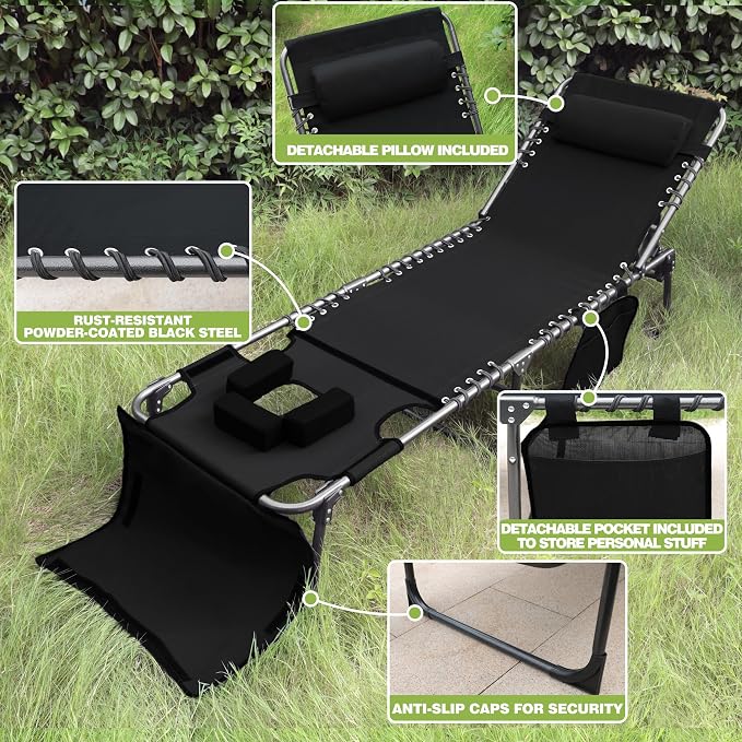 MUPATER Patio Chaise Lounge Chair for Outdoor with Face Hole, 4-Fold Ajustbale Backrest, Removable Pillow and Detachable Pocket, Portable Sun Lounger Recliner for Beach, Camping and Pool, Black
