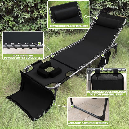 MUPATER Patio Chaise Lounge Chair for Outdoor with Face Hole, 4-Fold Ajustbale Backrest, Removable Pillow and Detachable Pocket, Portable Sun Lounger Recliner for Beach, Camping and Pool, Black