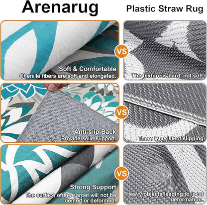 Colorful 5x8 Outdoor Area Rug Washable Multicolored Patio Rug Tropical Botanical Floral Chenille Waterproof Outdoor Carpet for Living Room, Deck, Backyard, Porch, Teal