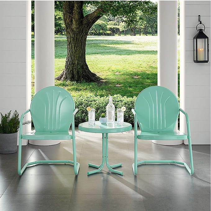 Crosley Furniture Griffith 3-Piece Outdoor Chair and Side Table Set, Retro Metal Bistro Patio Sets for Porch, Aqua