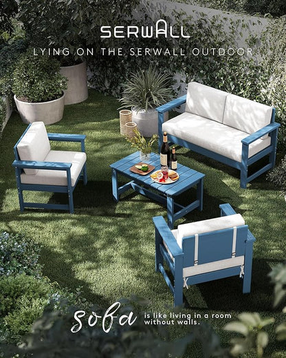 SERWALL 2 Pieces Single Cushioned Lounge Chair, Blue HDPE Outdoor Adirondack Sofa Armchair with Khaki Cushion