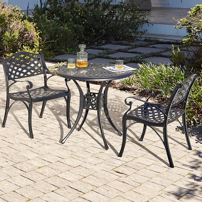 NUU GARDEN 3 Piece Outdoor Cast Aluminum Bistro Table Set Rustproof Table and Chairs with Umbrella Hole for Backyard, Balcony, Front Porch, Black
