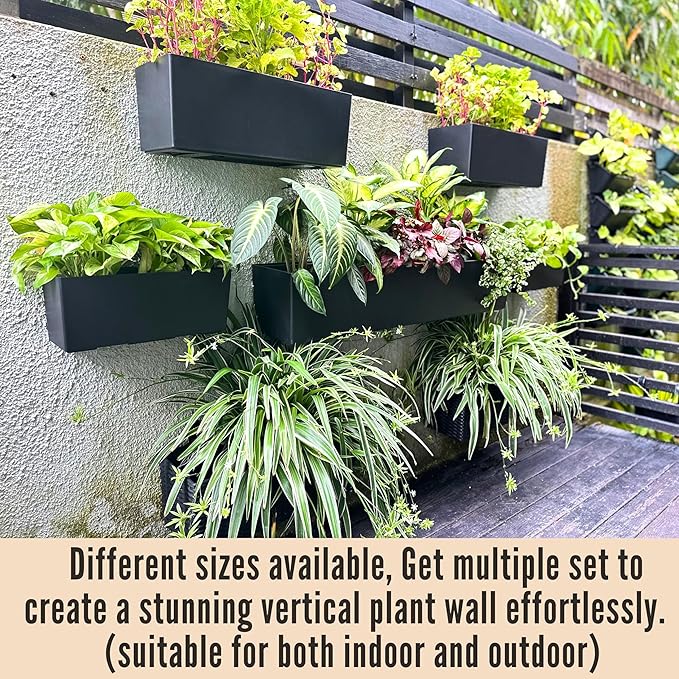 LaLaGreen Wall Hanging Planter Outdoor (4 Pack, 20 Inch) Wall Mounted Self Watering System Window Boxes with Bracket, Black Rectangular Plant Pot Flower Box Container Indoor Modern Herb Kitchen Decor