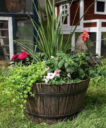 The HC Companies Whiskey Barrel Planter - Decorative Garden Pots - Indoor & Outdoor Resin Planters - Weather-Resistant Planting Pots (16” Aged Oak)
