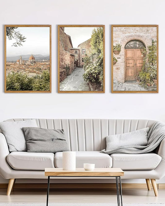 UPWOIGH Large Framed Canvas Wall Art, Set of 3 Italy Florence Travel Decor, 16x24in minimalist Natural Cotton Posters with Architecture, Tuscany Countryside, Farmhouse Aesthetic for Living Room,Office