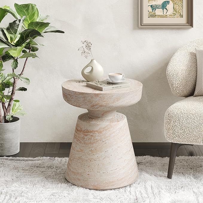 Christopher Knight Home Jaym 20.5" H Indoor Outdoor Accent Side Table, Patio Decorative End Table, Round Top Lightweight Concrete Garden Stool for Patio Balcony & Garden Decor, Travertine
