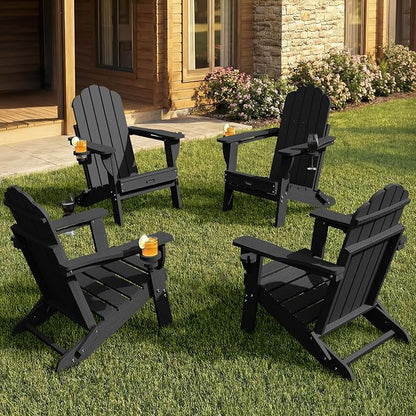 Folding Adirondack Chairs Set of 4,All-Weather HDPE Fire Pit Chair with 2 Cup Holders, Plastic Outdoor Chair for Patio Deck Garden Lawn, Black