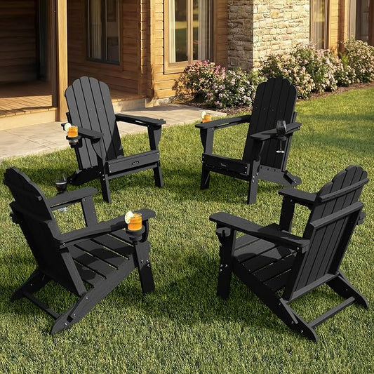 Folding Adirondack Chairs Set of 4,All-Weather HDPE Fire Pit Chair with 2 Cup Holders, Plastic Outdoor Chair for Patio Deck Garden Lawn, Black