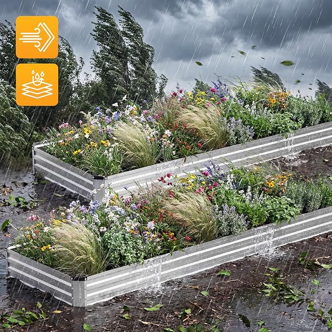 NEWBULIG 12x4x1ft 2PCS Galvanized Raised Garden Bed, Outdoor Metal Planters Box for Vegetables, Flowers & Herbs, Open Base, Easy Assembly, X-Shaped Bars
