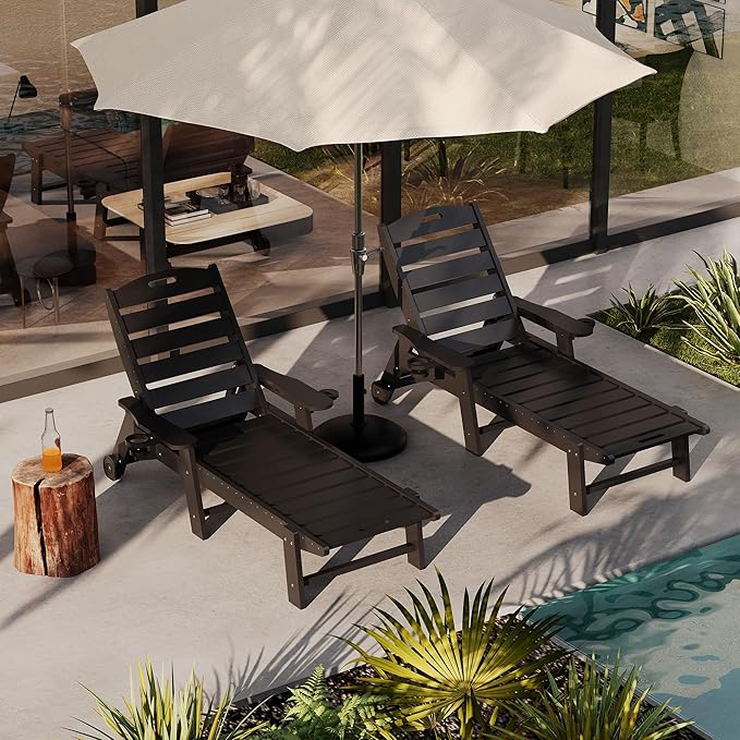 PeakPursuit Patio HDPE Chaise Lounge with Rolling Wheels, Oversize 5-Position Lounge Chair with Cup Holder, Resin Pool Lounger Chair for Outside