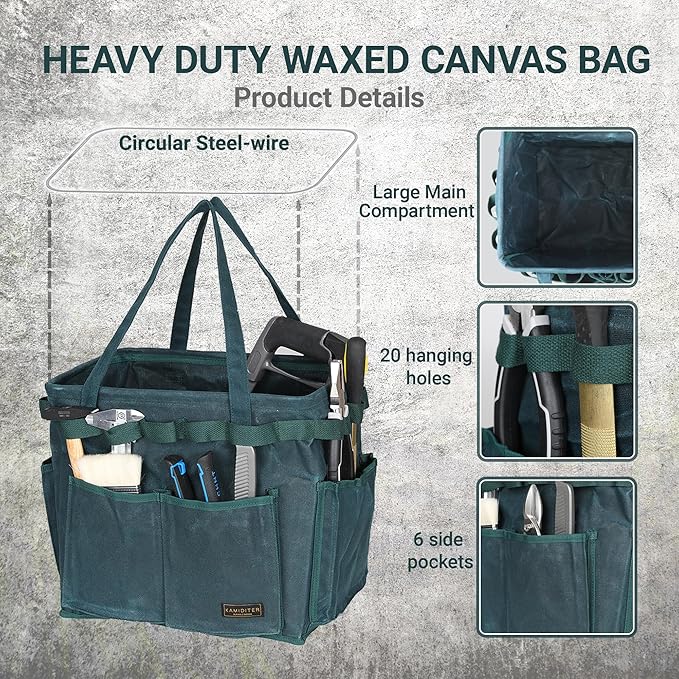 Collapsible Waxed Canvas Tool Pouch with 23 Hanging Holes - Reusable Grocery Bags with Handles for Garden/Camping/Tools/Car Trunk Storage, 14" x 13" x 10" | Dark Green