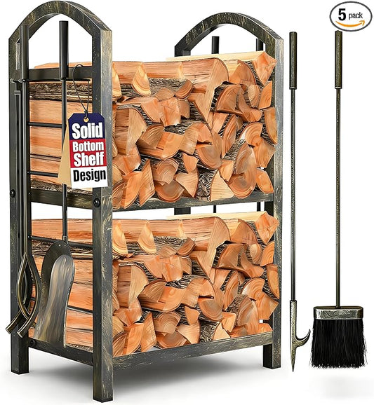 AMAGABELI GARDEN & HOME Firewood Rack Indoor with Tools 5-Piece Fireplace Tools Set Wood Holder Outdoor Wrought Iron Log Holder Firewood Storage Rack for Fireplace,Fire Pit,Wood Stove Bronze