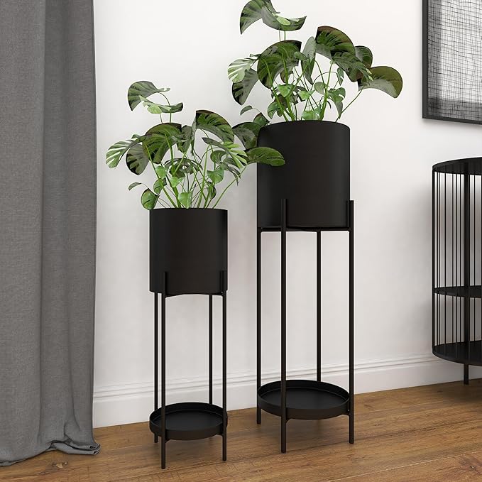 Deco 79 Metal Indoor Outdoor Planter Large Planter Pot with Lower Shelf and Removable Stand, Set of 2 Planters 24", 33"H, Black