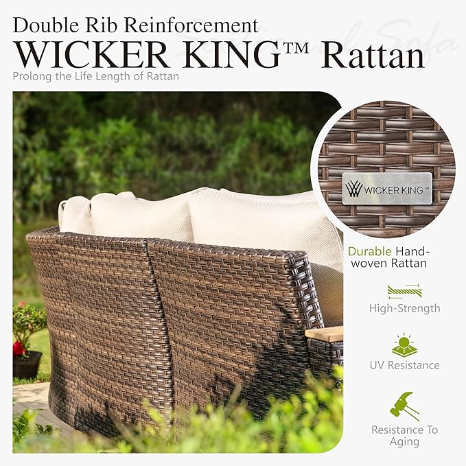 Sophia & William Outdoor Patio Furniture Set High Back Wicker Sofa All-Weather Patio Conversation Set Couch with Clips & 4" Thick Cushions Deck Porch Furniture, Beige