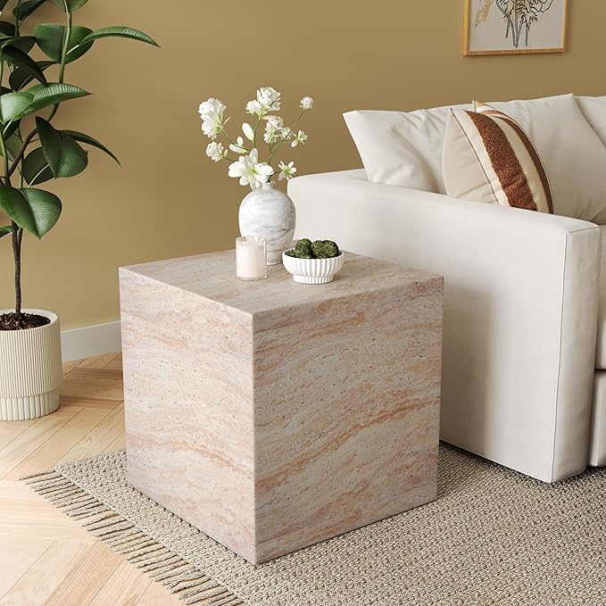 Christopher Knight Home Jayme 22.5" Indoor Outdoor Square Accent Side Table, Patio Decorative End Table, Lightweight Concrete Garden Stool for Patio Living Room Balcony & Garden Decor, Travertine