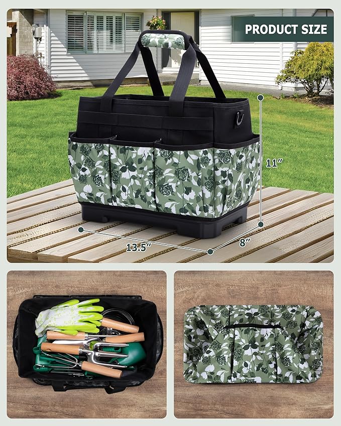 Marscamd Garden Tool Bag with Hard Bottom, Garden Tote with Shoulder Strap and Multiple Pockets (No Accessories Included), Green Rose