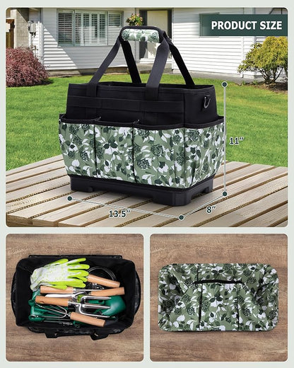 Marscamd Garden Tool Bag with Hard Bottom, Garden Tote with Shoulder Strap and Multiple Pockets (No Accessories Included), Green Rose