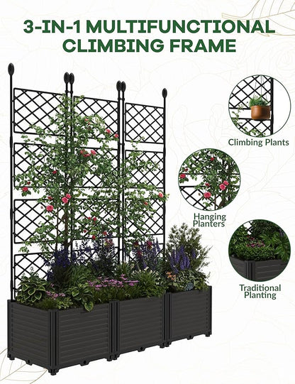 DEXSO The Elevated Garden System - 3PCS Premium Planter Box Kit w/Architectural Trellis, Raised Bed Vertical Growing Solution for Climbing Vines & Herbs, Patio Privacy Screen, Backyard Decor