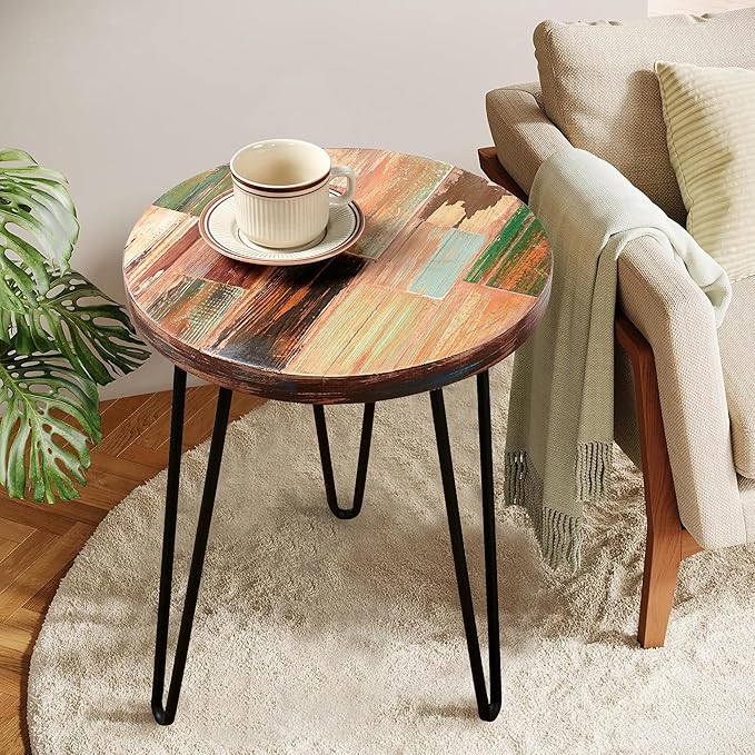 Reclaimed Wood Multi Color Side Table 17.5" x 17.5" x 20" H Wooden Accent Coffee Tables Round Vintage Rustic Plant Stand Outdoor Patio End Table Living Room Bedroom