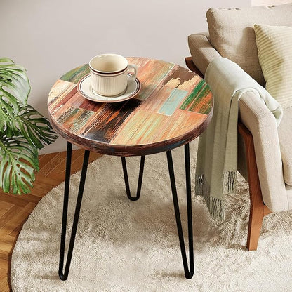 Reclaimed Wood Multi Color Side Table 17.5" x 17.5" x 20" H Wooden Accent Coffee Tables Round Vintage Rustic Plant Stand Outdoor Patio End Table Living Room Bedroom