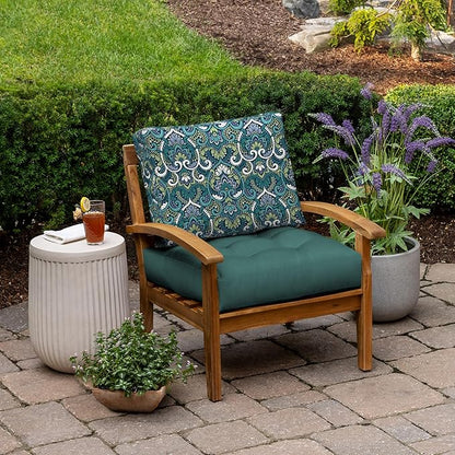 Arden Reversible Outdoor Plush Modern Tufted Blowfill Deep Seat Set, 24 x 24, Water Repellent, Fade Resistant, Deep Seat Bottom and Back Cushion for Chair/Sofa, Sapphire Aurora Blue Damask