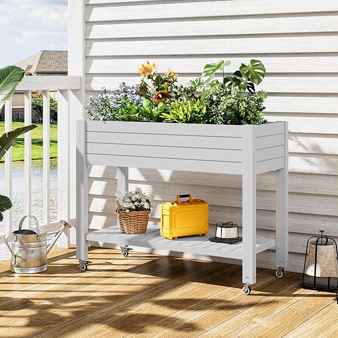Raised Garden Bed with Wheels, Divisible Resin Planter Box with Drainage Gauge & Storage Shelf, Herb Planter for Garden Patio Backyard, White