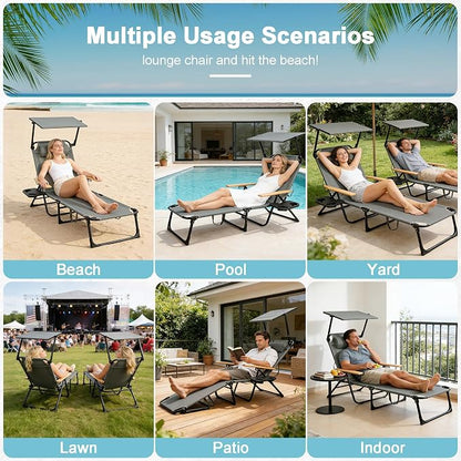 Outdoor Chaise Lounge Chair with 4-Position Adjustable Backrest,Patio Folding Sun Tanning Chair,Pillow & Cup Holder,Portable Recliner Sunbathing Lounger Chairs for Beach Garden (Grey with Shade)