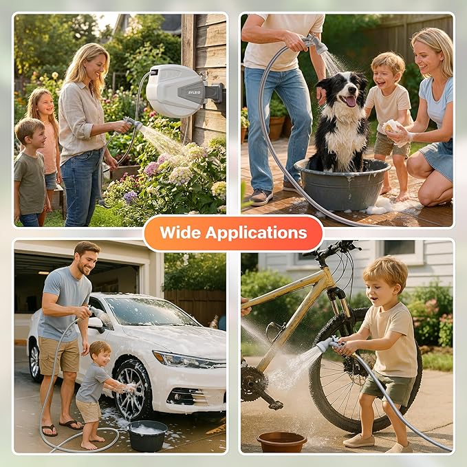 Ayleid Retractable Rubber Hybrid Garden Hose Reel, 5/8"x100ft Wall Mount | Anti-freeze, kink-free premium rubber hybrid hose, 24-month warranty, 9-pattern sprayer, any-length lock, slow auto-return.