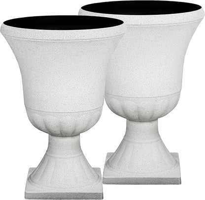 22" Urn Planters Outdoor Planter for Plants Set of 2 Timeless Plastic Large Flower Pot with Drainage Hole Terrazzo White Garden Pots for Porch, Patio Christmas Decor