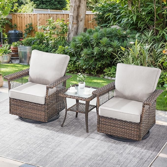 Patio Furniture Set 2 Wicker Patio Chairs with PE Rattan Side Table Set Brown Wicker Beige Cushions Patio Conversation Set 3pcs for Garden Balcony Sunroom Backyard Deck Porch
