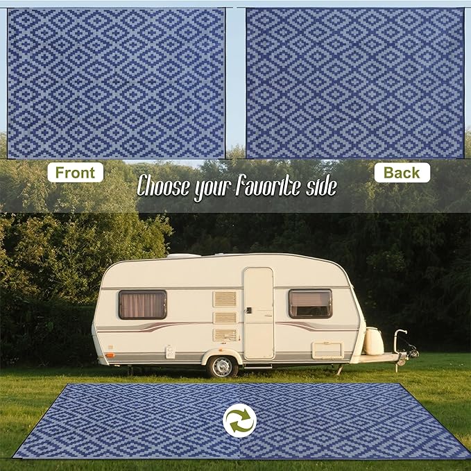 SAND MINE Reversible Mats, Plastic Straw Rug, Modern Area Rug, Large Floor Mat and Rug for Outdoors, RV, Patio, Backyard, Deck, Picnic, Beach, Trailer, Camping, Dark Blue & Grey, 10' x 14'