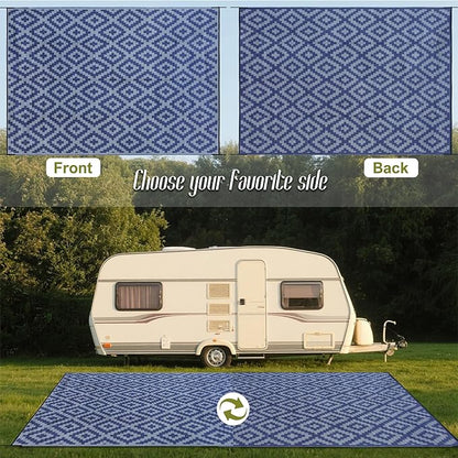 SAND MINE Reversible Mats, Plastic Straw Rug, Modern Area Rug, Large Floor Mat and Rug for Outdoors, RV, Patio, Backyard, Deck, Picnic, Beach, Trailer, Camping, Dark Blue & Grey, 10' x 14'