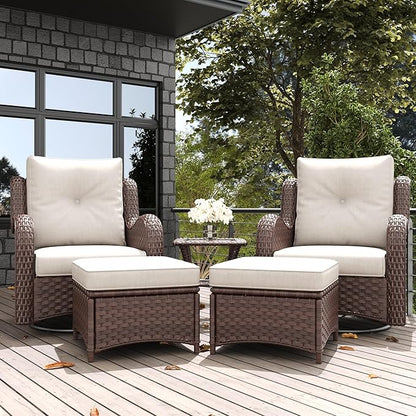 LayinSun 5 Pieces Outdoor Patio Furniture Set, Rattan Wicker Swivel Rocker Chairs Sets with Ottomans, Swivel Glider Chairs, and Coffee Table