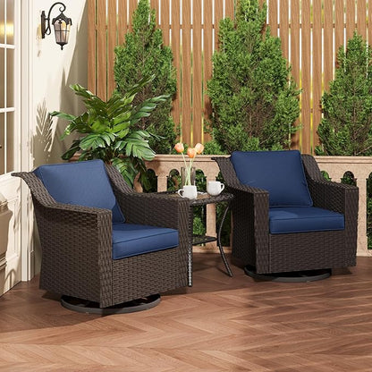 3 Pieces Patio Conversation Furniture Set - 2 Swivel Chairs, 1 Side Table, Outdoor Wicker Rocking Glider Armchairs with Washable and Water-Resistant Cushions for Balcony, (Navy Blue)