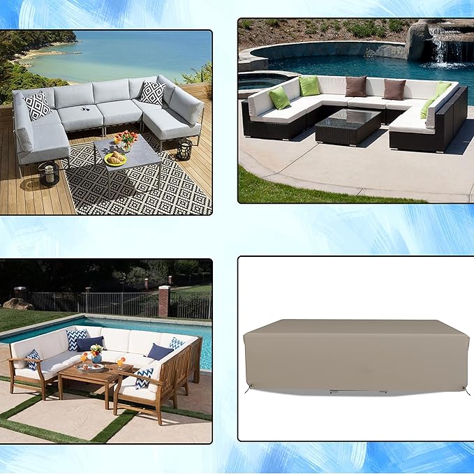 Covers & All Patio Sectional Sofa Set Cover 160 GSM PVC Emboss Fabric Outdoor Furniture Table and Chair Set Cover with Drawstring for Snug Fit (98" Wx 67" D x 43" H, Beige)