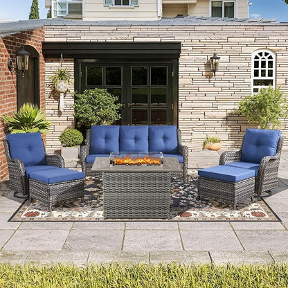 Wicker Outdoor Conversation Se with 50,000 BTU Gas Propane Fire Pit Tablet-6 Pieces Outdoor Wicker High Back Couch Patio Furniture for Deck Poolside Backyard